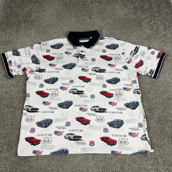 VINTAGE Route 66 Polo Shirt Mens Extra Large White Muscle Car All Over Print - Picture 2 of 10